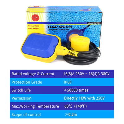 2M Float Switch, 220V 16A Waterproof Tethered Switch & Blue & Yellow